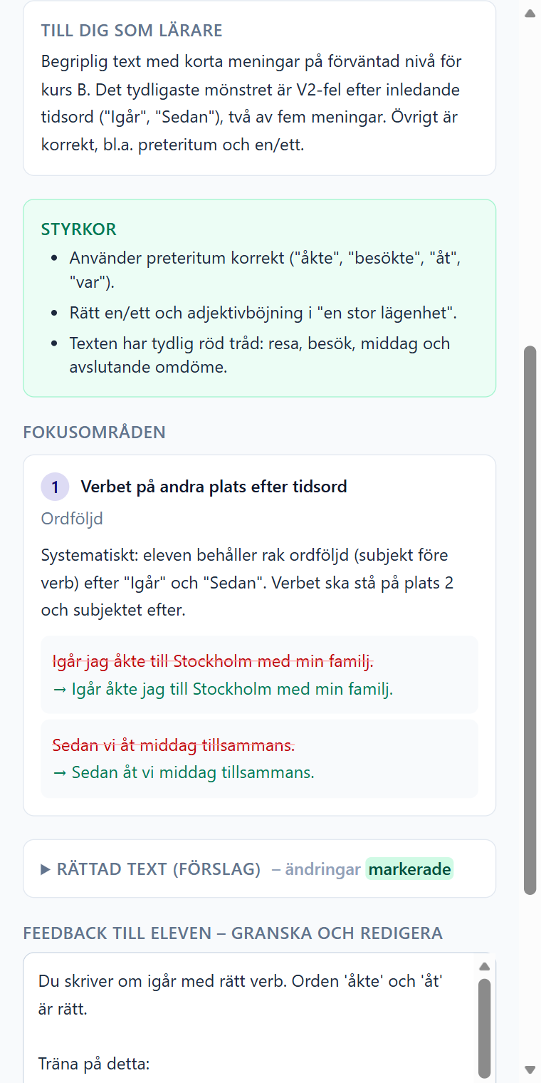 AtleaSFI-panelen visar en analys av elevtexten: sammanfattning till läraren, styrkor och fokusområdet Verbet på andra plats.