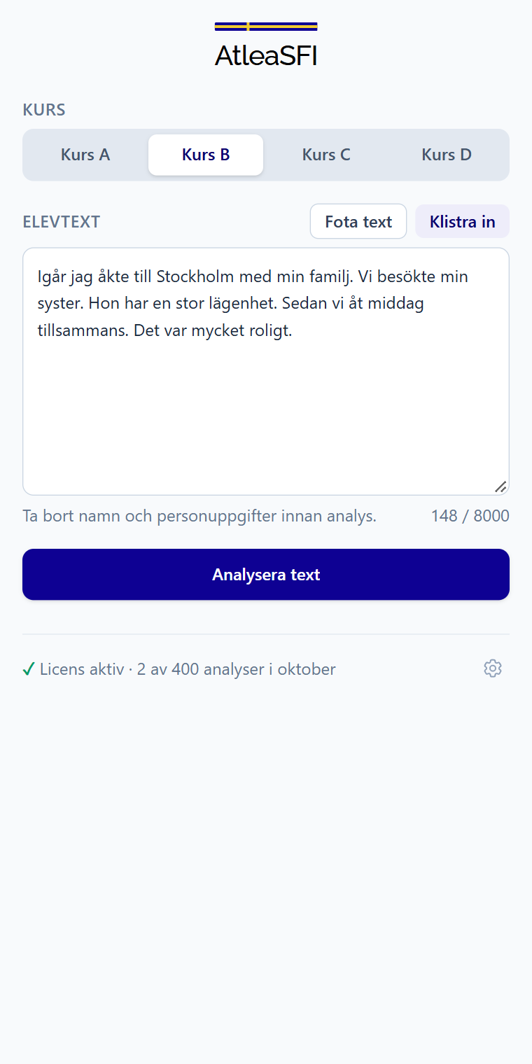 AtleaSFI-panelen med kursväljare och en inklistrad elevtext.